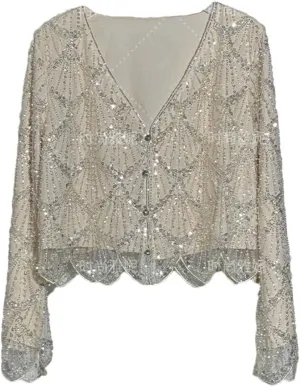 Women's Long-Sleeved Sequined Pearl Bead Cardigan Top High-Waisted Skirt 2-Piece Skirt Sets