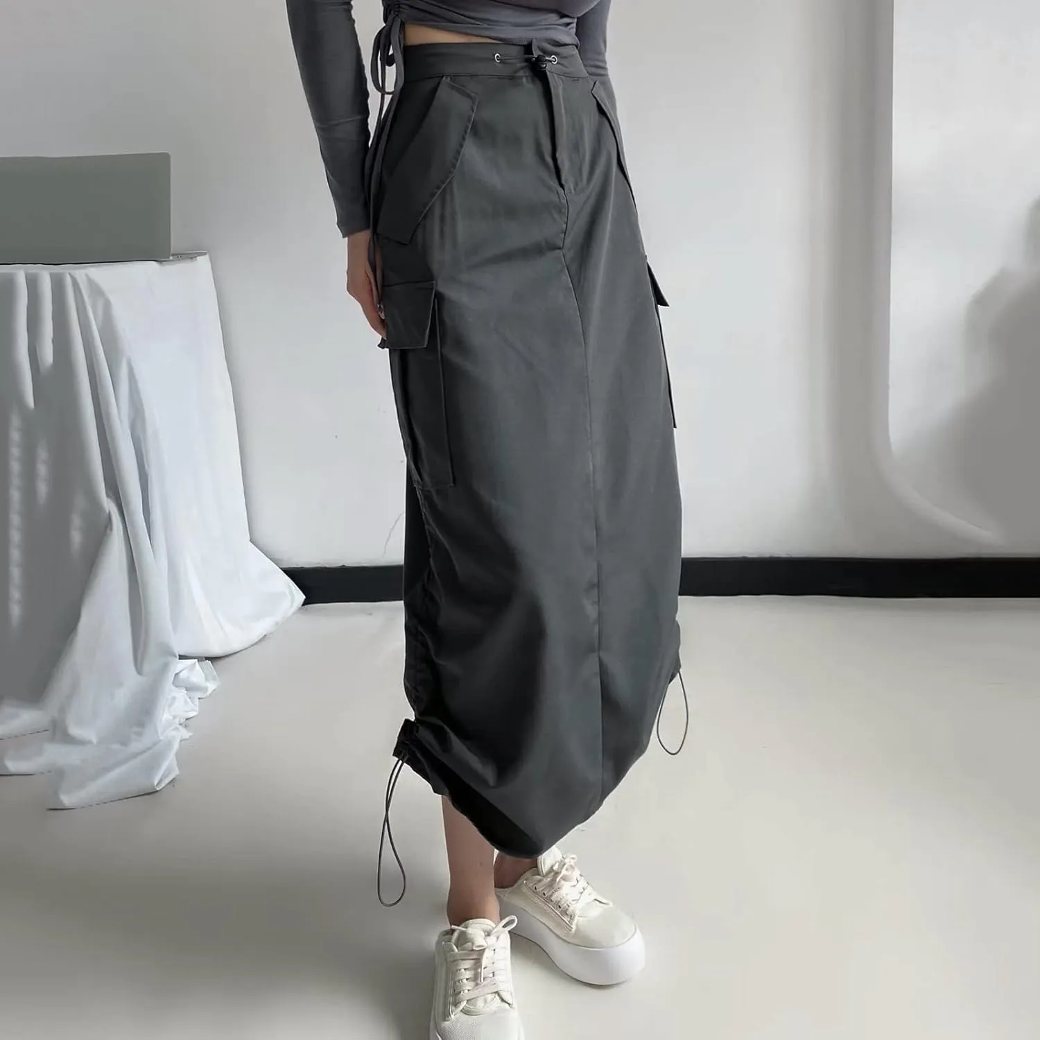 Women's Loose Casual Quick Drying Pleated Drawcord Work Suit Split Skirt Midi Skirt Pleated Cheer Skirt Ankle