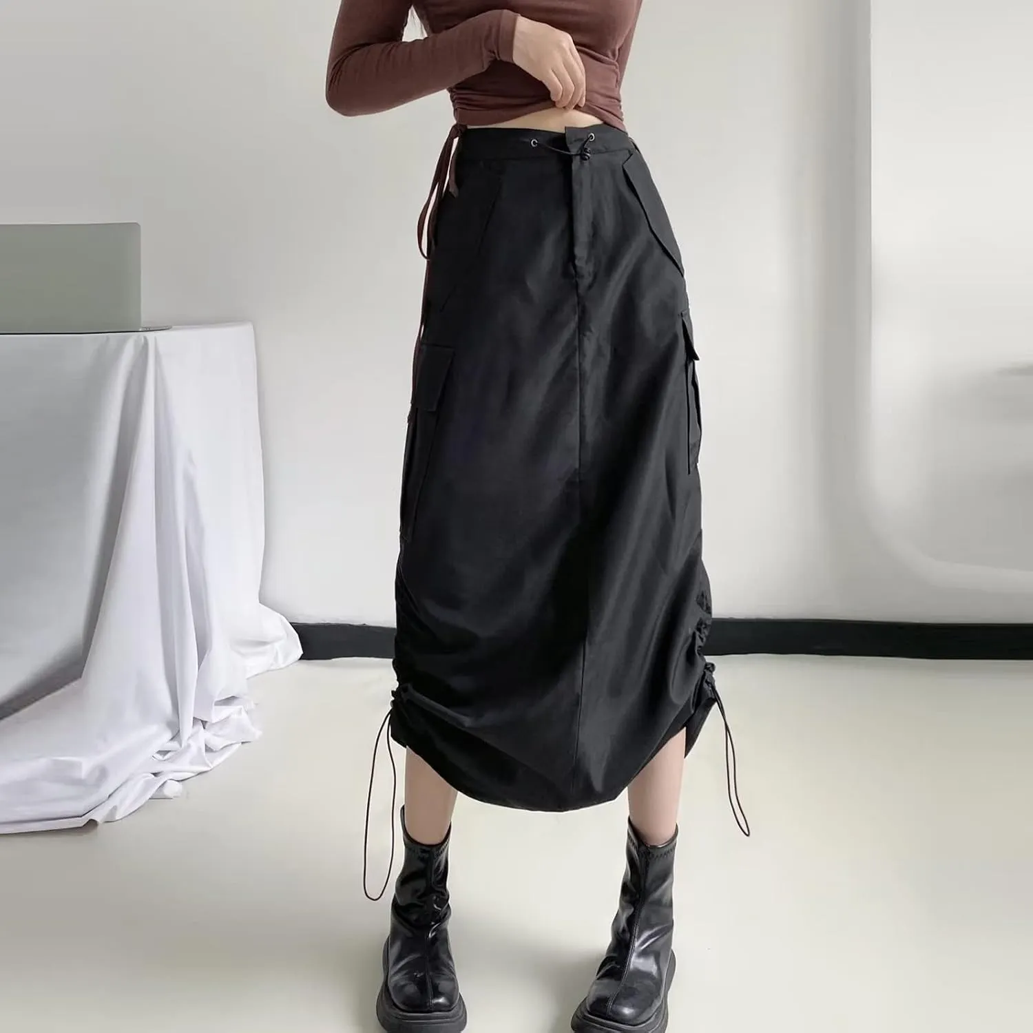 Women's Loose Casual Quick Drying Pleated Drawcord Work Suit Split Skirt Midi Skirt Pleated Cheer Skirt Ankle
