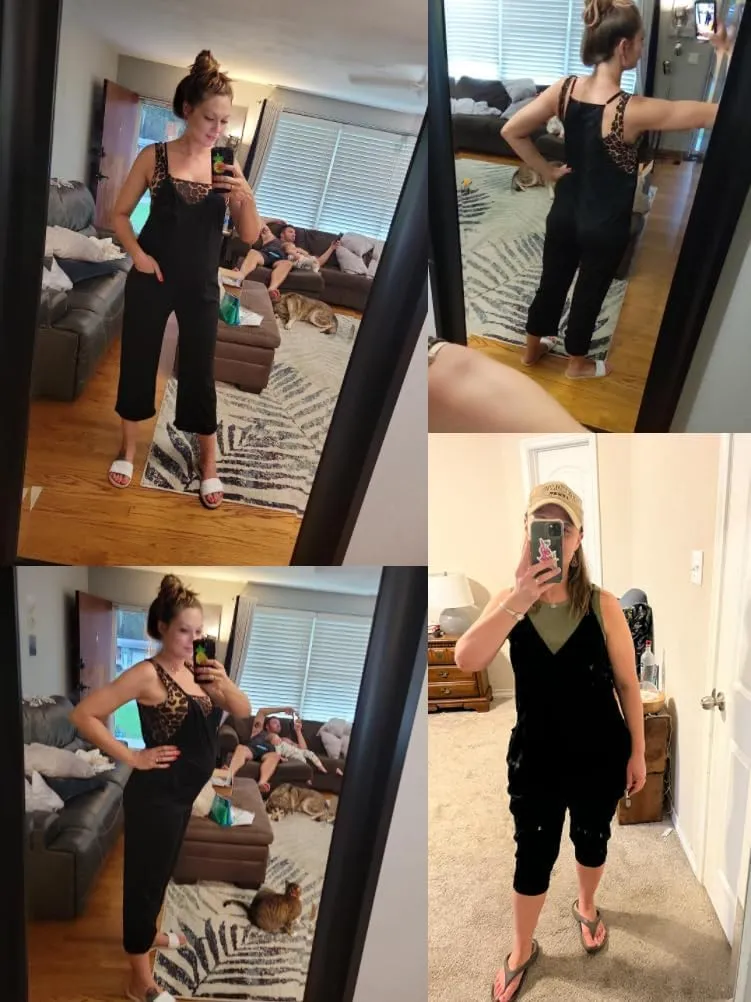 Women's Loose Casual Sleeveless Jumpsuits Adjustable Spaghetti Straps Wide Leg Long Pants V Neck Overalls with Pockets