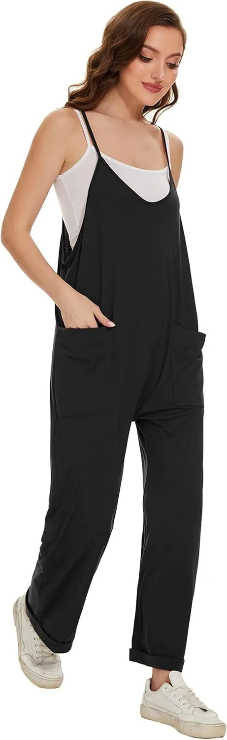 Women's Loose Casual Sleeveless Jumpsuits Adjustable Spaghetti Straps Wide Leg Long Pants V Neck Overalls with Pockets