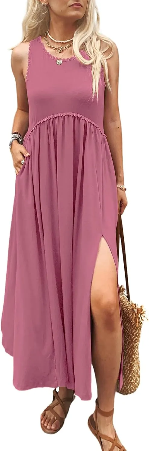 Women's Maxi Dress Summer Sleeveless Crewneck Swing Sundress Casual Loose Long Dresses with Pockets