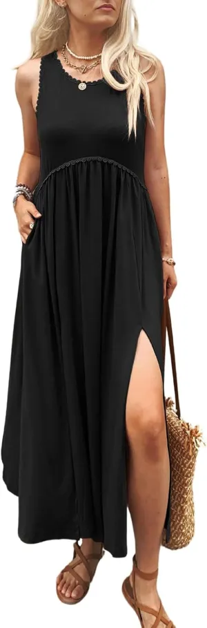 Women's Maxi Dress Summer Sleeveless Crewneck Swing Sundress Casual Loose Long Dresses with Pockets