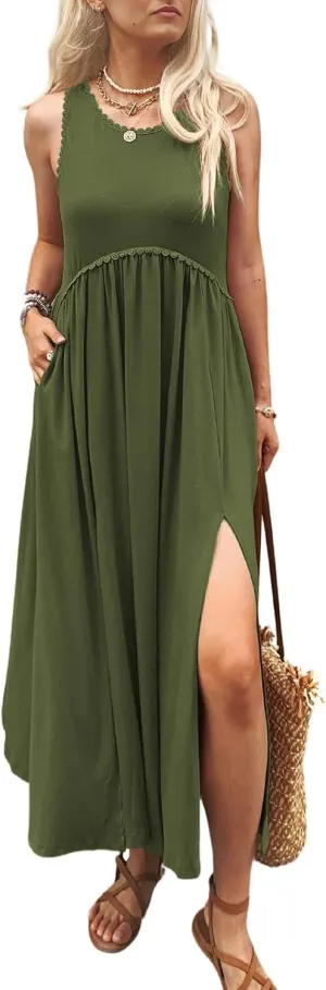Women's Maxi Dress Summer Sleeveless Crewneck Swing Sundress Casual Loose Long Dresses with Pockets