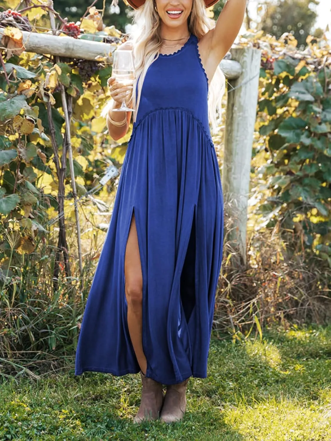 Women's Maxi Dress Summer Sleeveless Crewneck Swing Sundress Casual Loose Long Dresses with Pockets