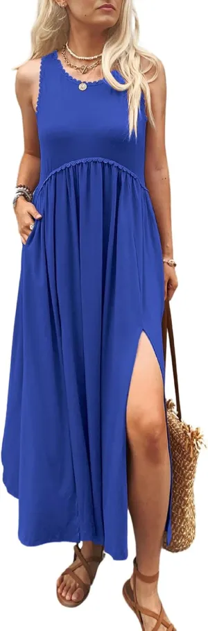 Women's Maxi Dress Summer Sleeveless Crewneck Swing Sundress Casual Loose Long Dresses with Pockets