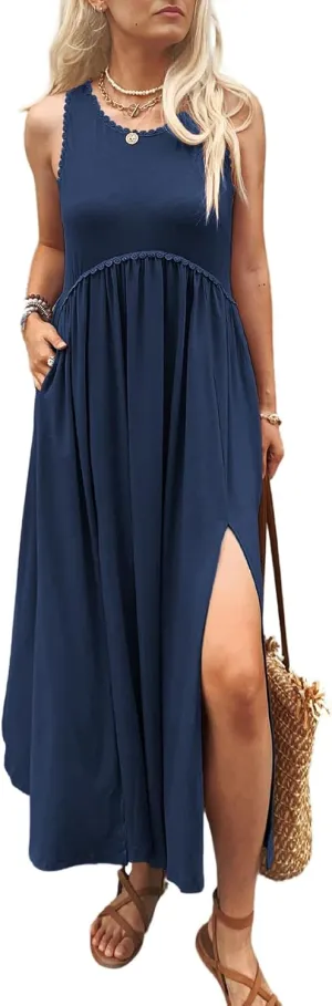 Women's Maxi Dress Summer Sleeveless Crewneck Swing Sundress Casual Loose Long Dresses with Pockets