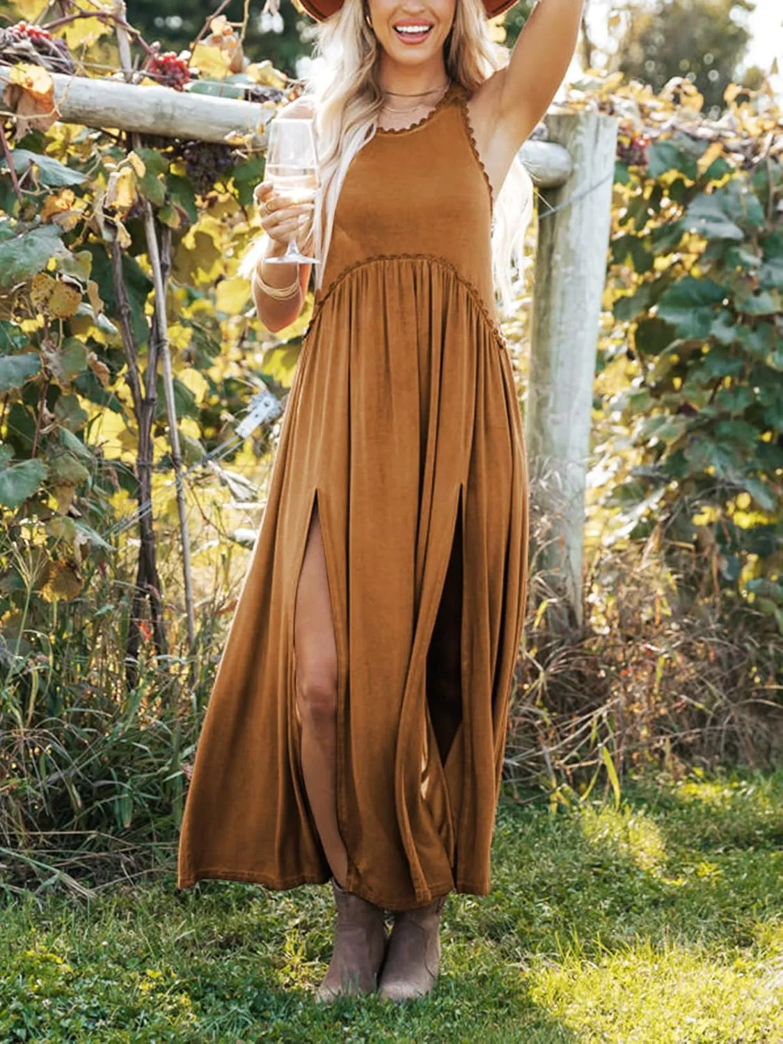 Women's Maxi Dress Summer Sleeveless Crewneck Swing Sundress Casual Loose Long Dresses with Pockets