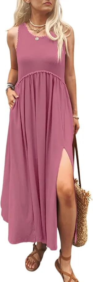 Women's Maxi Dress Summer Sleeveless Crewneck Swing Sundress Casual Loose Long Dresses with Pockets