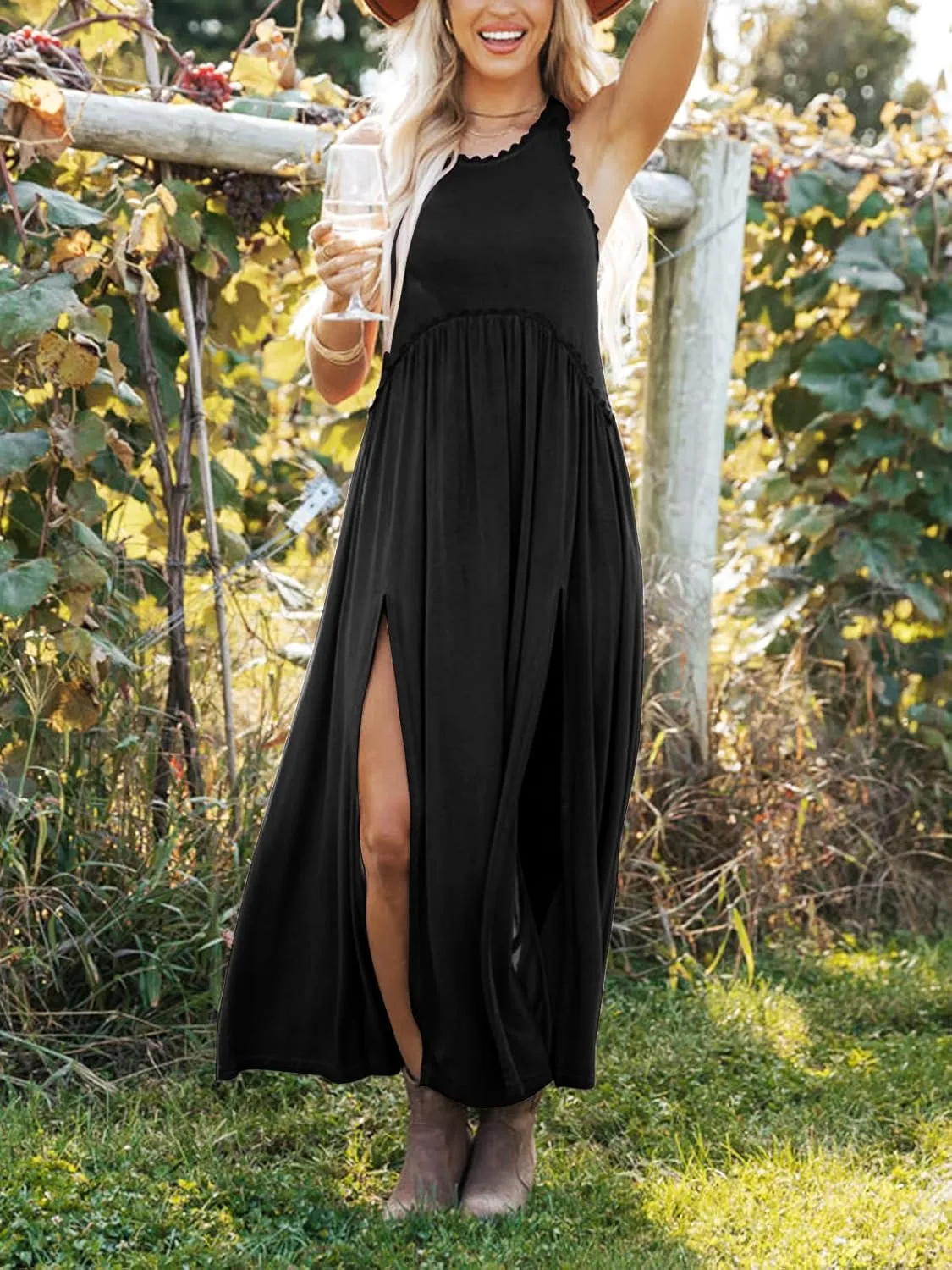 Women's Maxi Dress Summer Sleeveless Crewneck Swing Sundress Casual Loose Long Dresses with Pockets