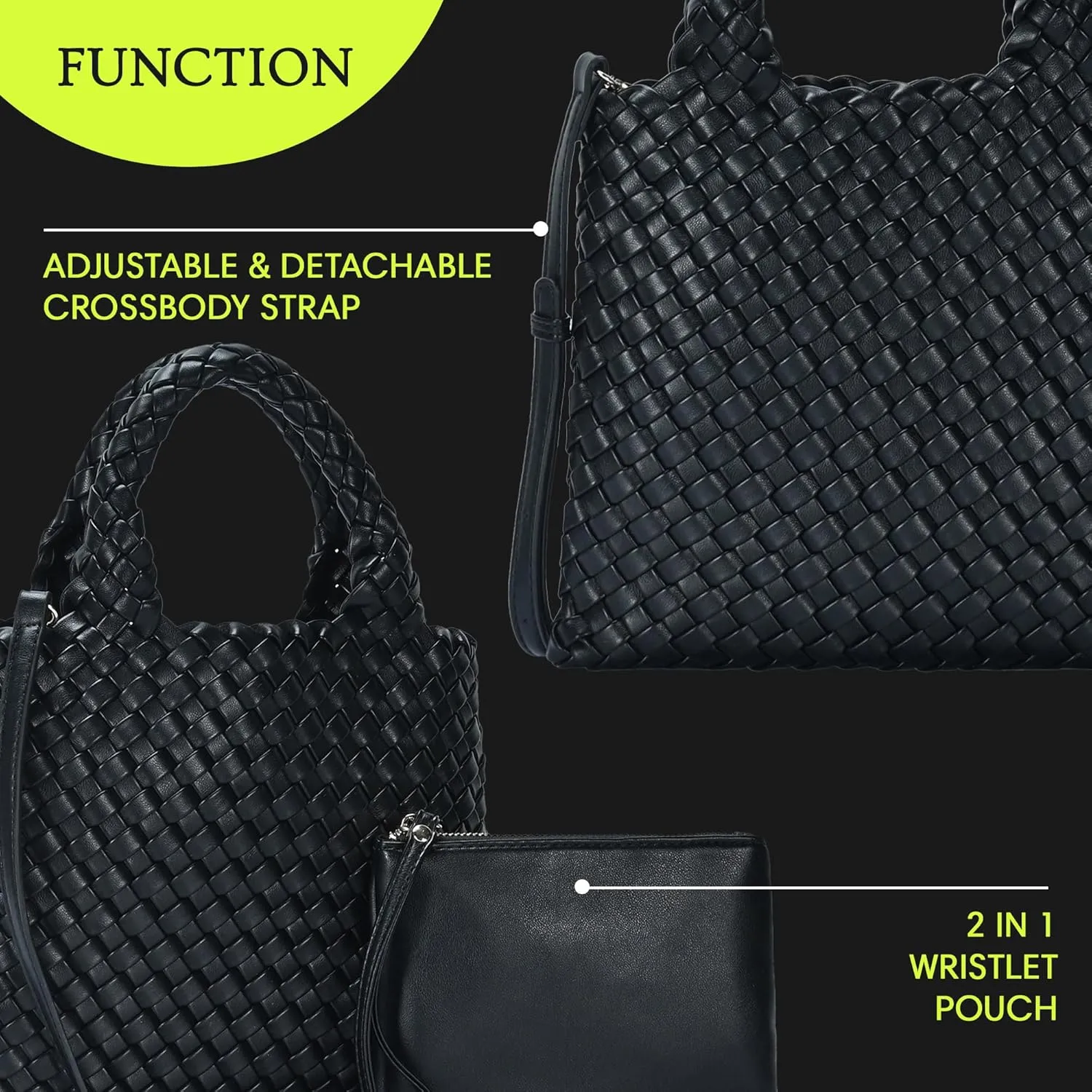 Women's Melody 2-in-1 Woven, Shoulder Bags for Women, Stylish Pouch Wristlet, Vegan Leather, Light Gold Hardware