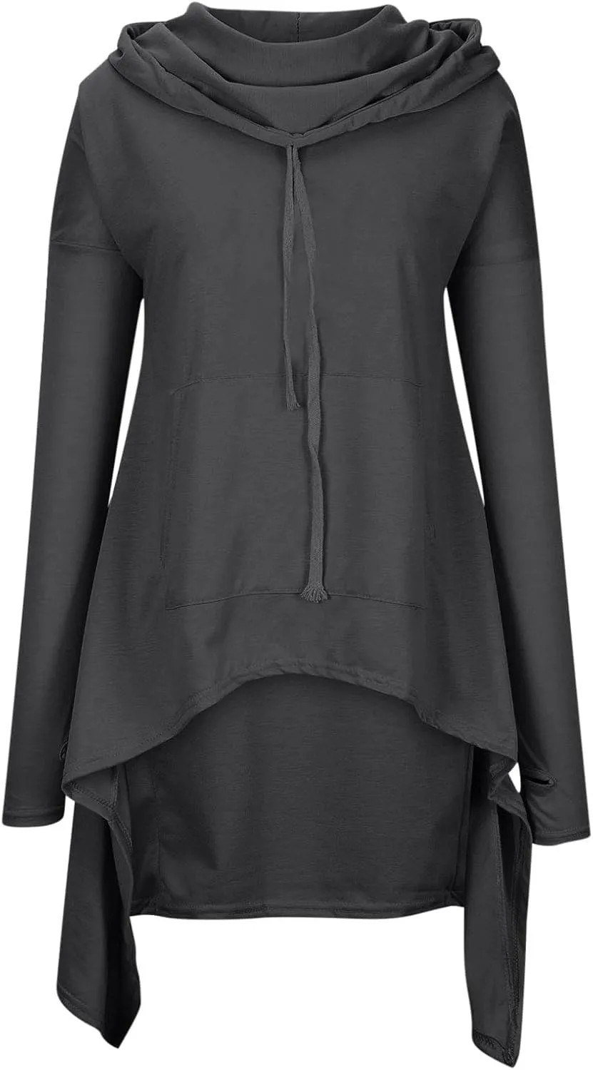 Women's Novelty Cowl Neck Sweatshirts Flowy Asymmetrical Hem Solid Hoodies Preppy Thumb Hole Oversized Pullover