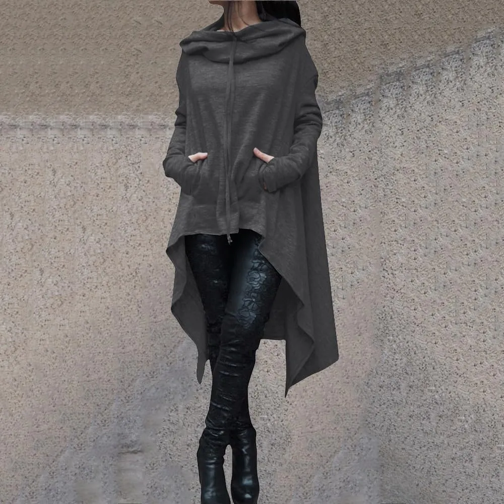 Women's Novelty Cowl Neck Sweatshirts Flowy Asymmetrical Hem Solid Hoodies Preppy Thumb Hole Oversized Pullover