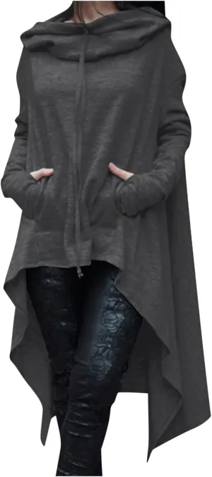 Women's Novelty Cowl Neck Sweatshirts Flowy Asymmetrical Hem Solid Hoodies Preppy Thumb Hole Oversized Pullover