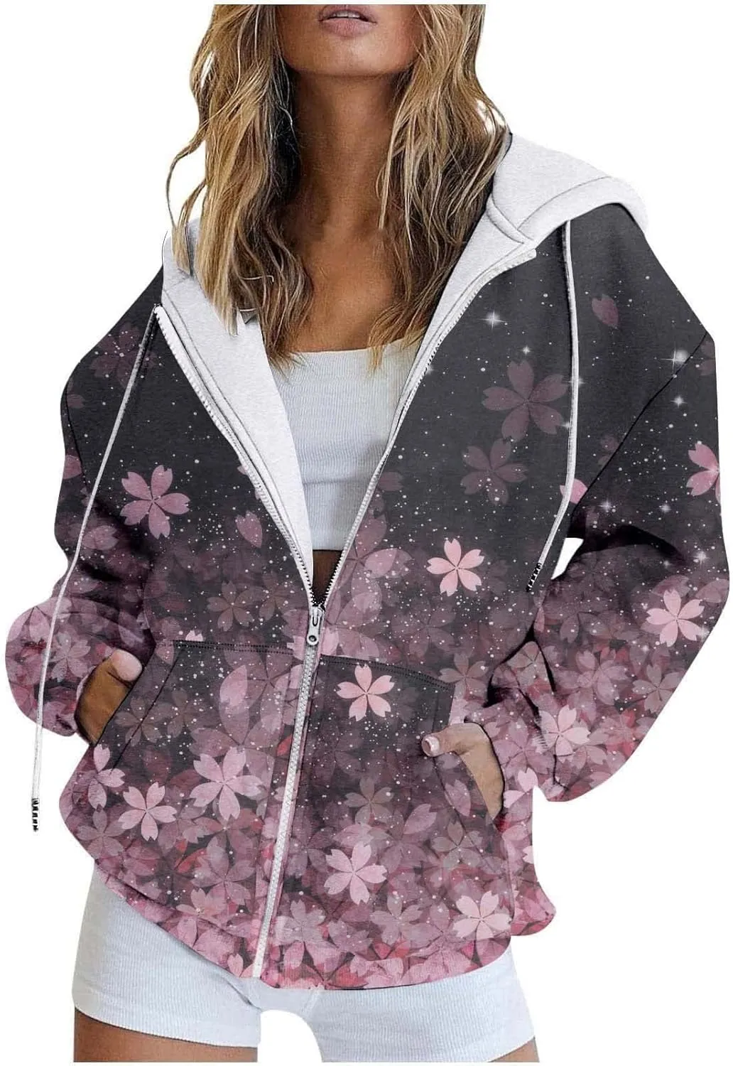 Womens Oversized Hoodies Floral Butterfly Print Full Zip Long Sleeve Fall Sweatshirt Workout Drawstring Jackets with Pockets