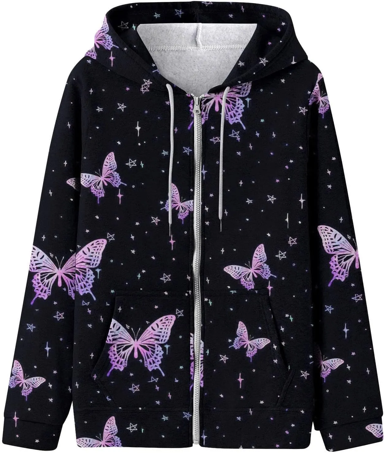 Womens Oversized Hoodies Floral Butterfly Print Full Zip Long Sleeve Fall Sweatshirt Workout Drawstring Jackets with Pockets