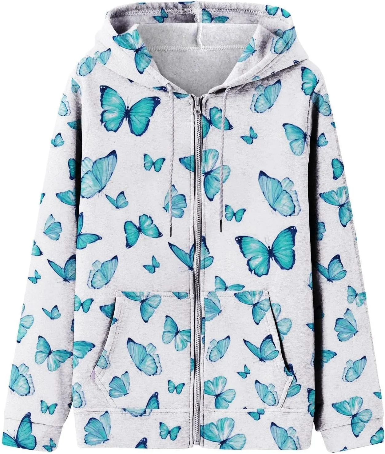 Womens Oversized Hoodies Floral Butterfly Print Full Zip Long Sleeve Fall Sweatshirt Workout Drawstring Jackets with Pockets