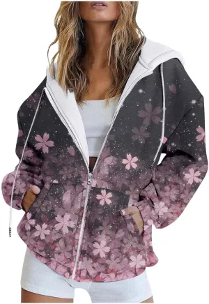 Womens Oversized Hoodies Floral Butterfly Print Full Zip Long Sleeve Fall Sweatshirt Workout Drawstring Jackets with Pockets