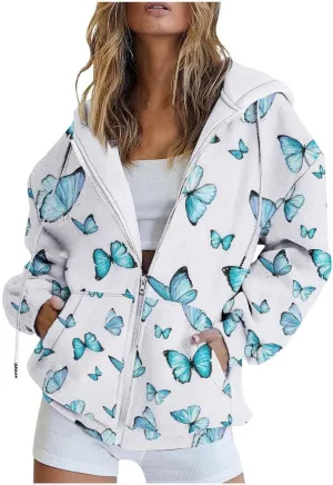 Womens Oversized Hoodies Floral Butterfly Print Full Zip Long Sleeve Fall Sweatshirt Workout Drawstring Jackets with Pockets