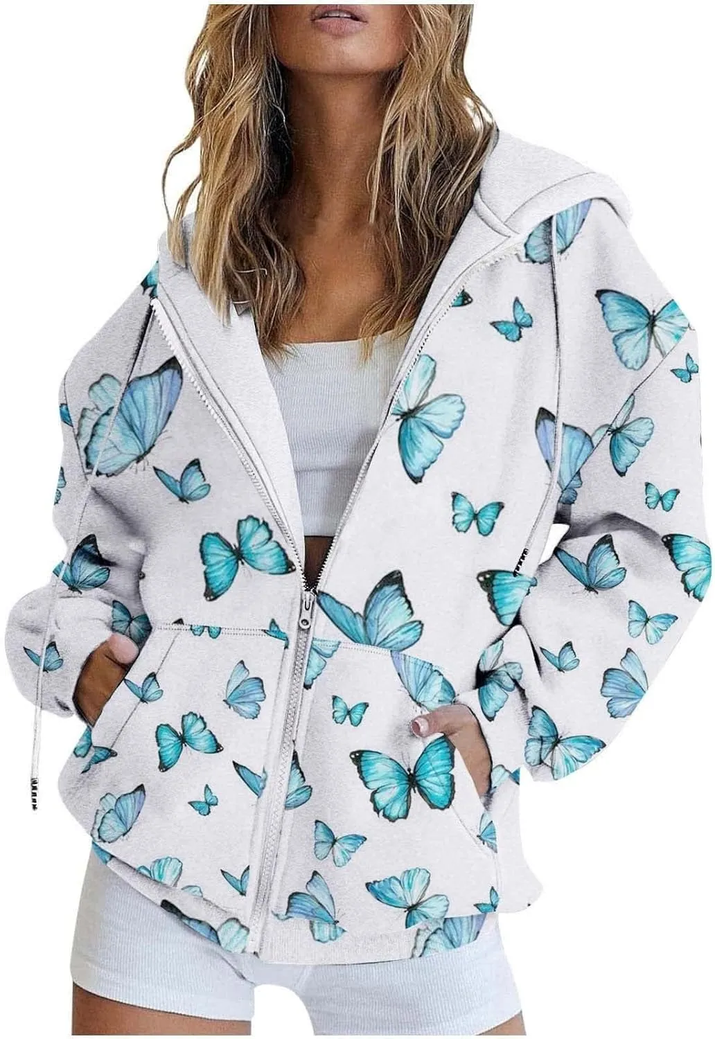 Womens Oversized Hoodies Floral Butterfly Print Full Zip Long Sleeve Fall Sweatshirt Workout Drawstring Jackets with Pockets