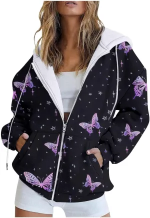 Womens Oversized Hoodies Floral Butterfly Print Full Zip Long Sleeve Fall Sweatshirt Workout Drawstring Jackets with Pockets