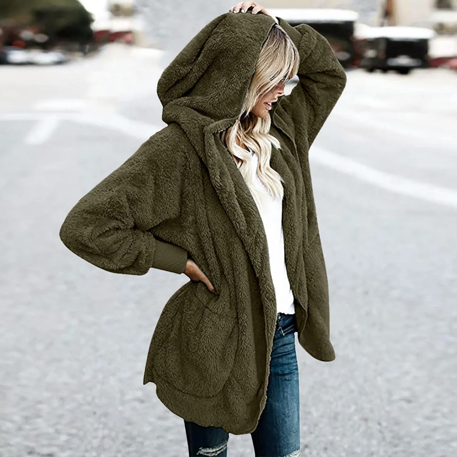 Womens Oversized Sherpa Jacket with Pockets Open Front Fleece Hoodie Winter Thermal Cardigan Coat Outerwear S-5XL