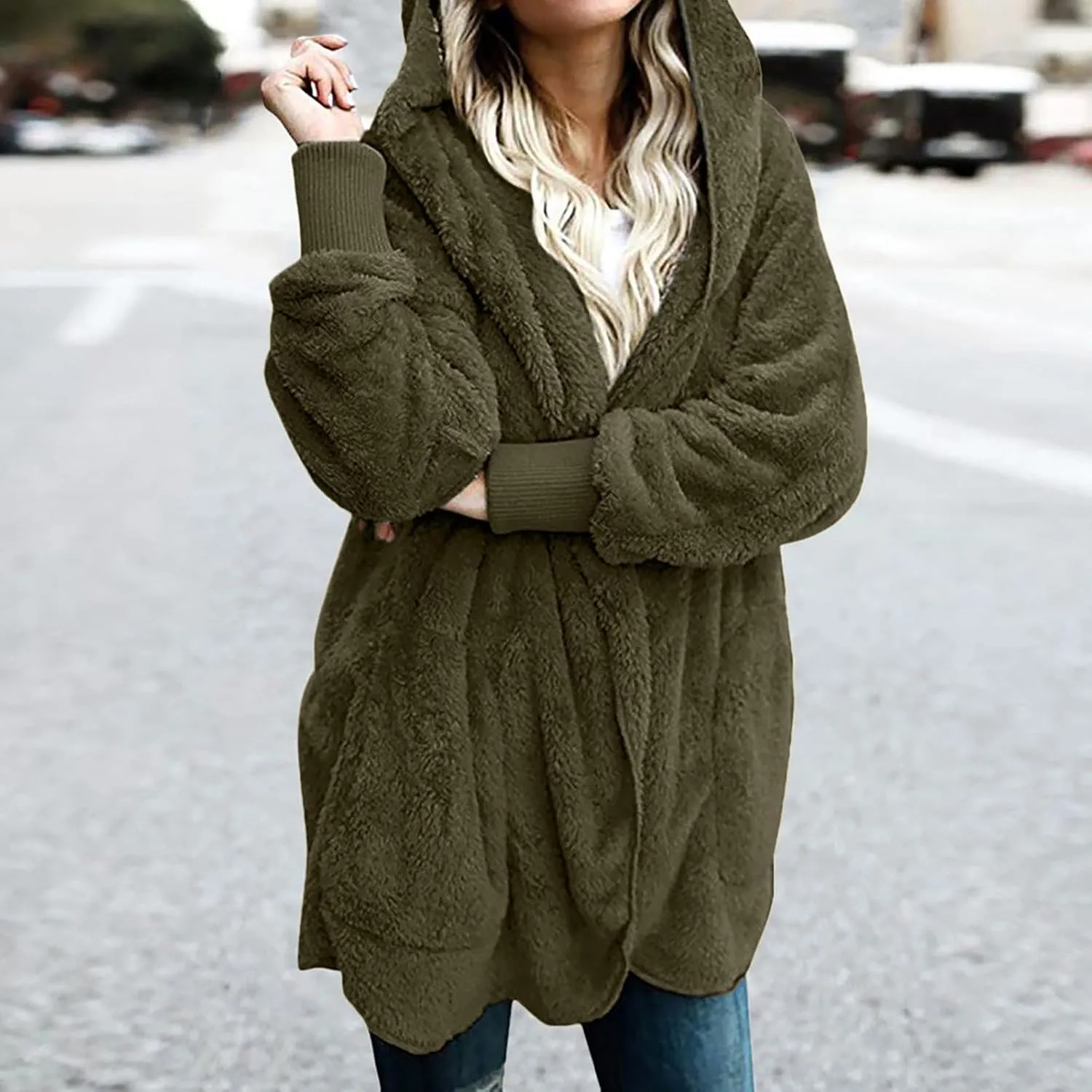 Womens Oversized Sherpa Jacket with Pockets Open Front Fleece Hoodie Winter Thermal Cardigan Coat Outerwear S-5XL
