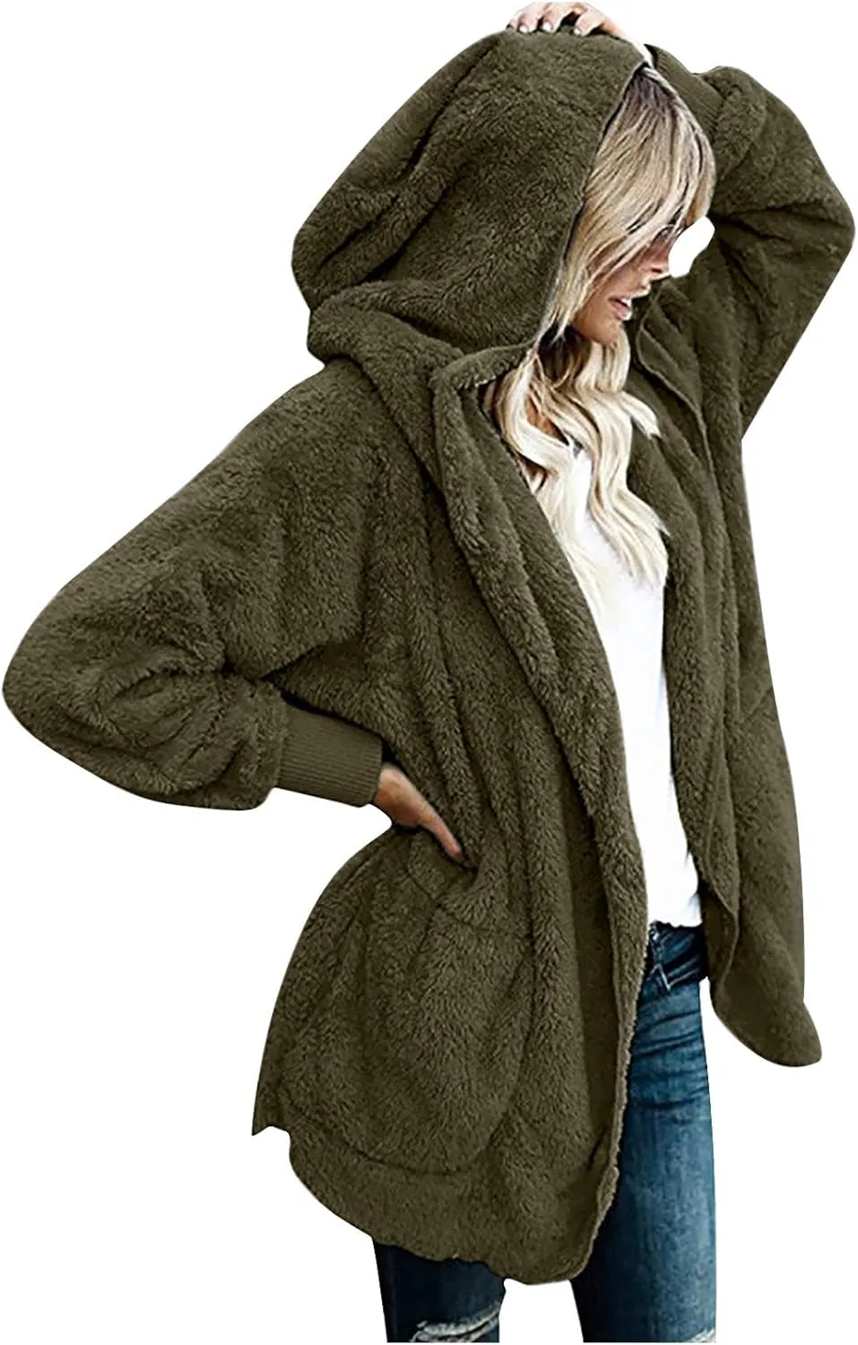 Womens Oversized Sherpa Jacket with Pockets Open Front Fleece Hoodie Winter Thermal Cardigan Coat Outerwear S-5XL