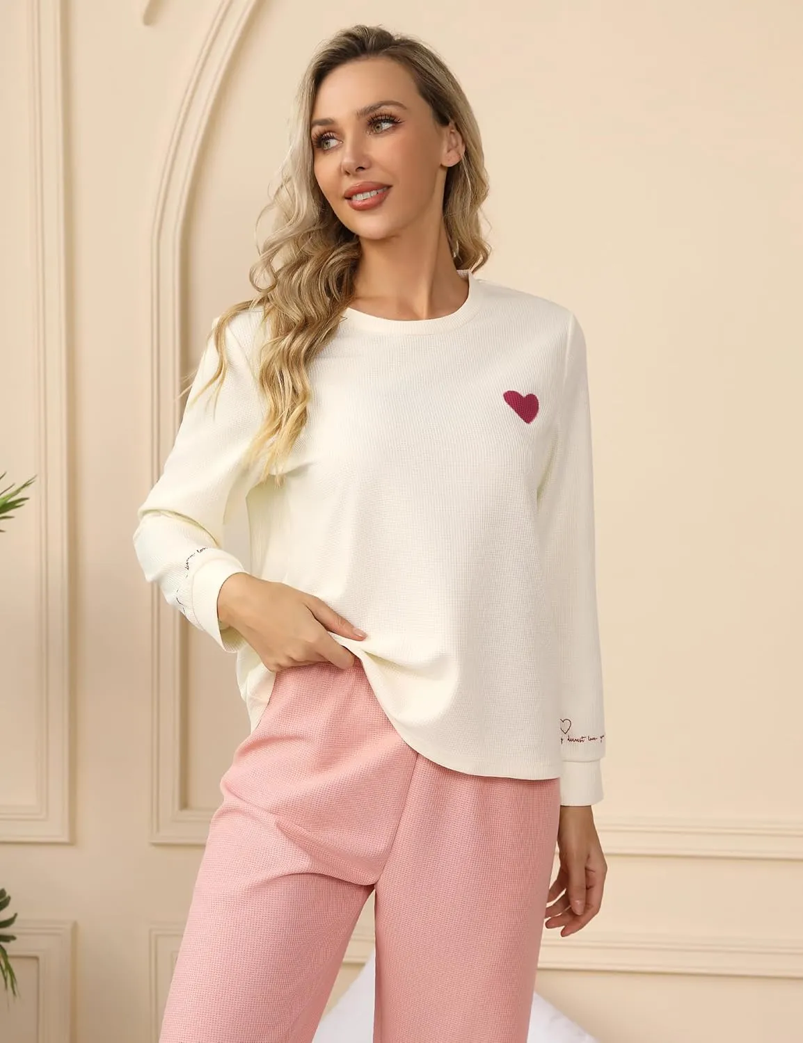 Womens Pajama Sets Petite Pajamas Sleepwear, Cute Waffle Knit Lounge wear Pj Sets