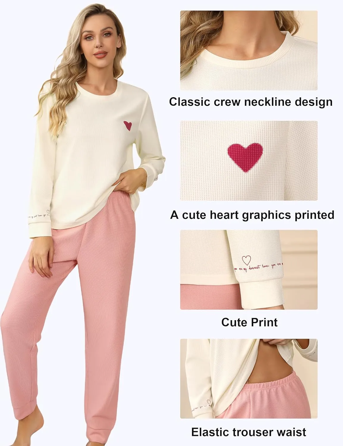 Womens Pajama Sets Petite Pajamas Sleepwear, Cute Waffle Knit Lounge wear Pj Sets