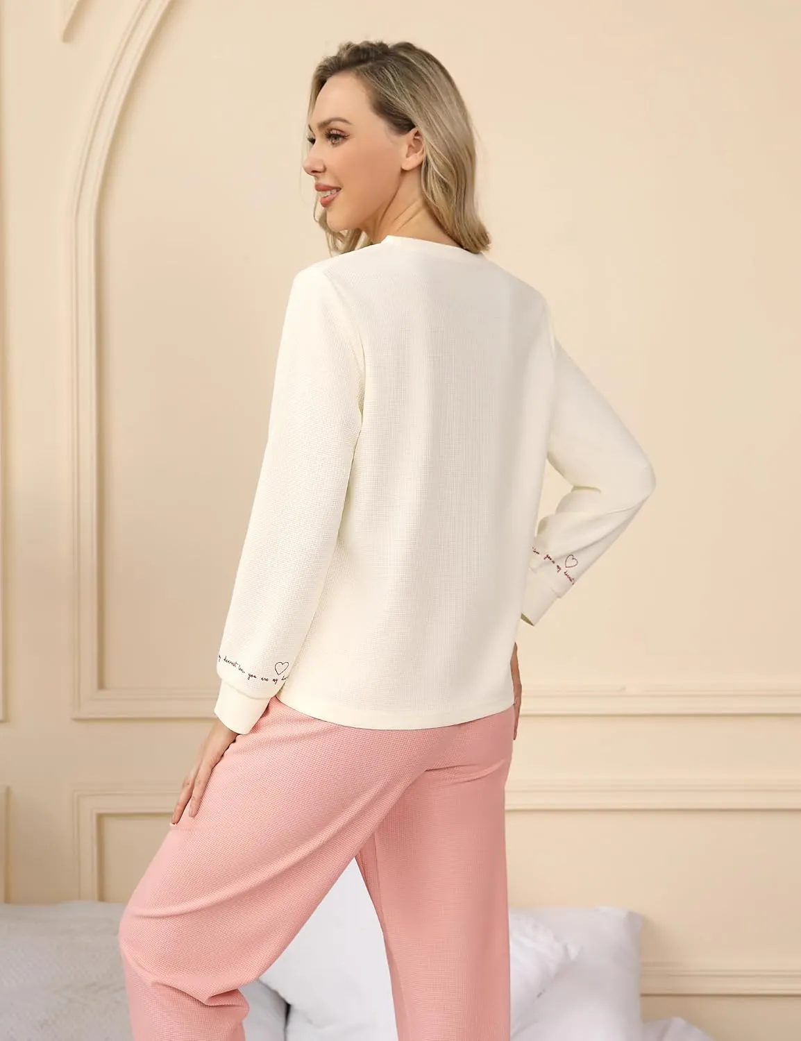 Womens Pajama Sets Petite Pajamas Sleepwear, Cute Waffle Knit Lounge wear Pj Sets