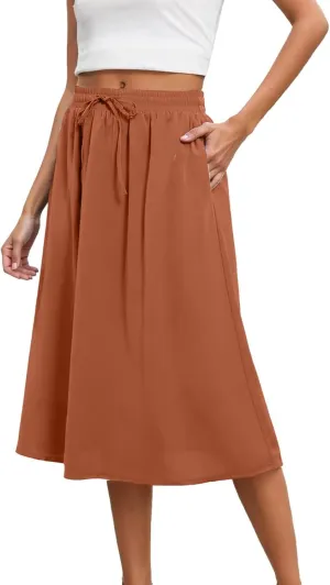 Womens Pleated A Line Midi Skirt with Pockets Elastic High Waisted Boho Casual Fashion Loose Fit Elegant Skirts