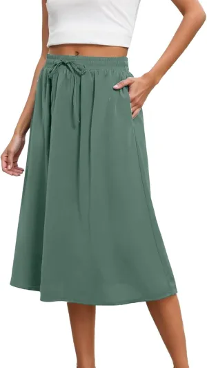 Womens Pleated A Line Midi Skirt with Pockets Elastic High Waisted Boho Casual Fashion Loose Fit Elegant Skirts