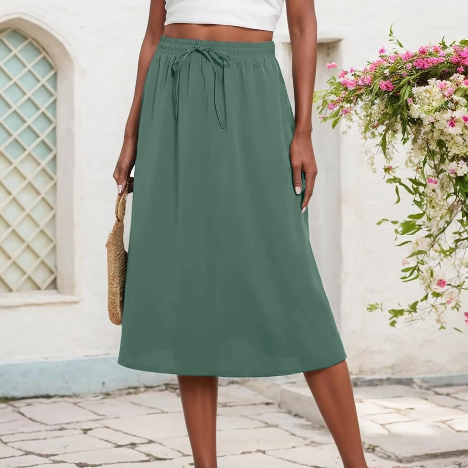 Womens Pleated A Line Midi Skirt with Pockets Elastic High Waisted Boho Casual Fashion Loose Fit Elegant Skirts
