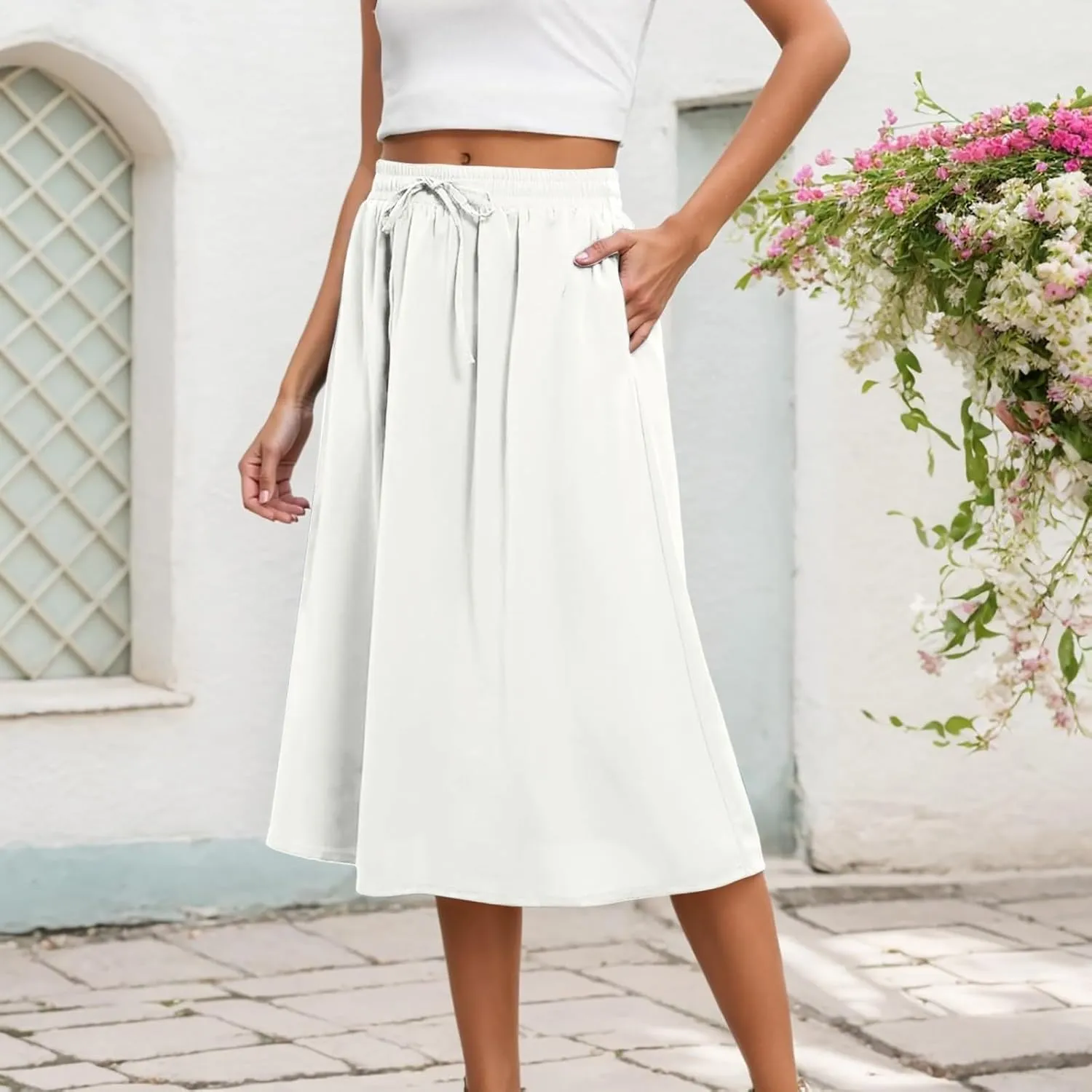 Womens Pleated A Line Midi Skirt with Pockets Elastic High Waisted Boho Casual Fashion Loose Fit Elegant Skirts