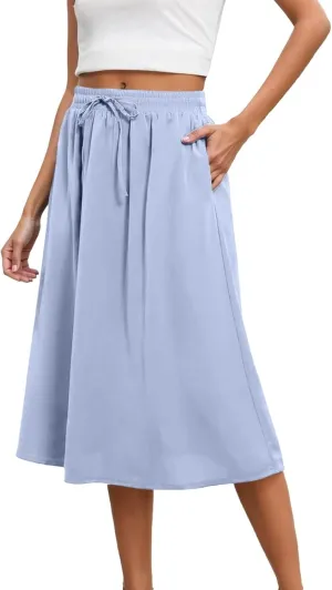 Womens Pleated A Line Midi Skirt with Pockets Elastic High Waisted Boho Casual Fashion Loose Fit Elegant Skirts