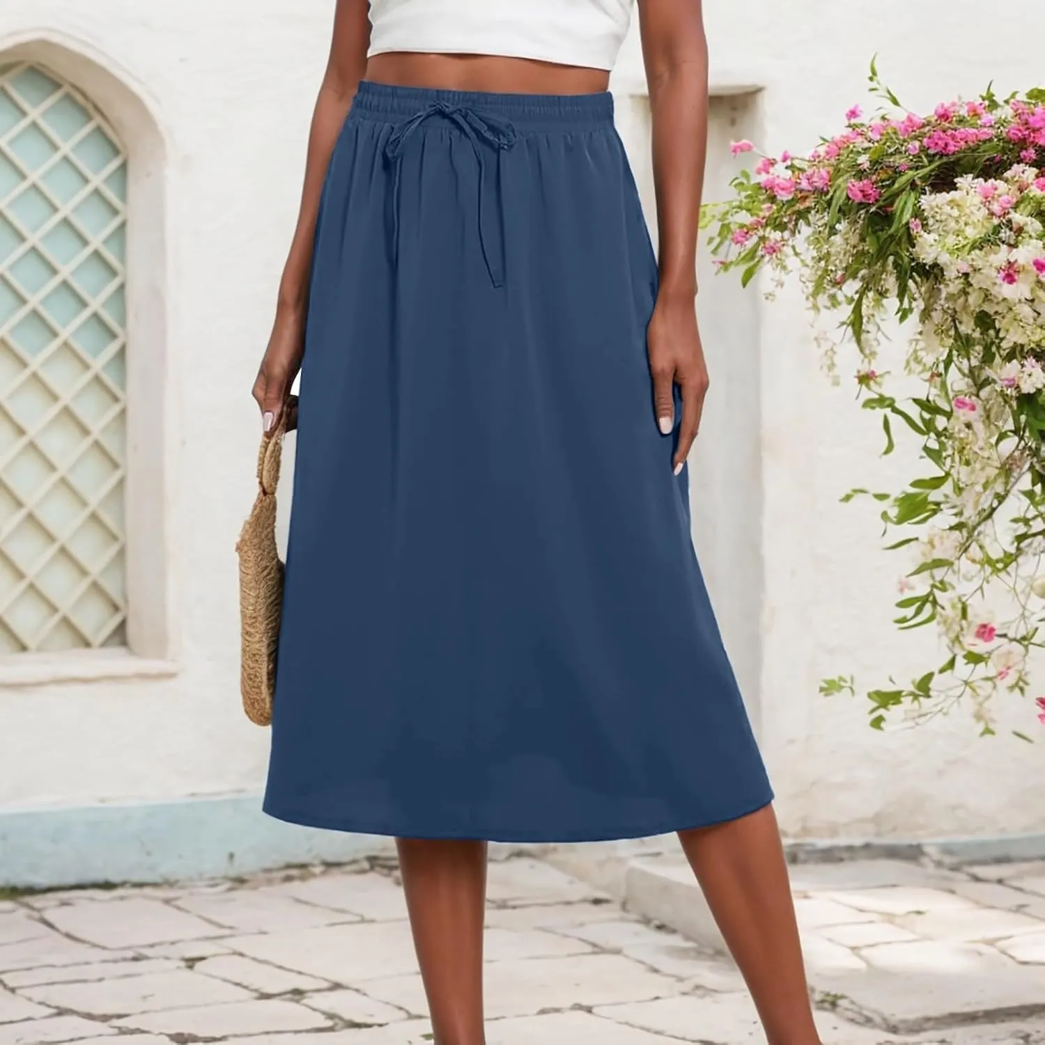 Womens Pleated A Line Midi Skirt with Pockets Elastic High Waisted Boho Casual Fashion Loose Fit Elegant Skirts