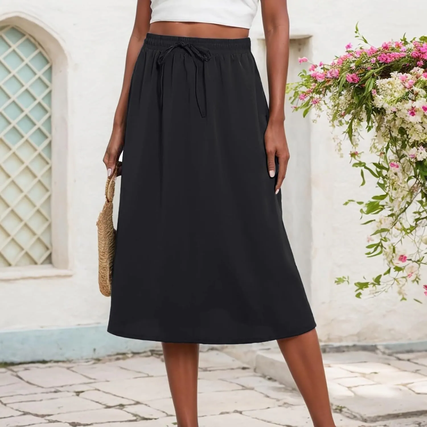 Womens Pleated A Line Midi Skirt with Pockets Elastic High Waisted Boho Casual Fashion Loose Fit Elegant Skirts