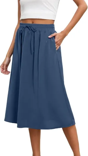 Womens Pleated A Line Midi Skirt with Pockets Elastic High Waisted Boho Casual Fashion Loose Fit Elegant Skirts