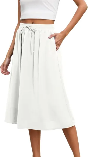 Womens Pleated A Line Midi Skirt with Pockets Elastic High Waisted Boho Casual Fashion Loose Fit Elegant Skirts