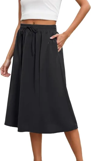 Womens Pleated A Line Midi Skirt with Pockets Elastic High Waisted Boho Casual Fashion Loose Fit Elegant Skirts