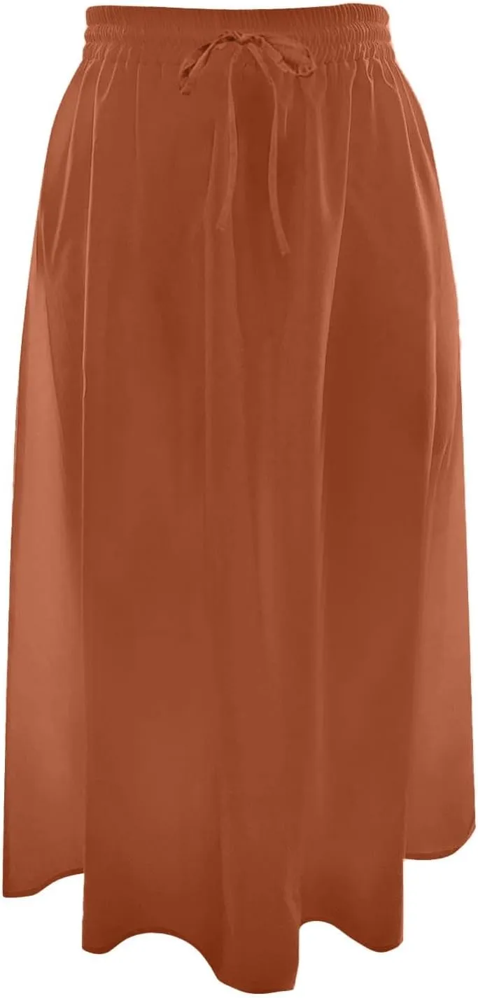 Womens Pleated A Line Midi Skirt with Pockets Elastic High Waisted Boho Casual Fashion Loose Fit Elegant Skirts