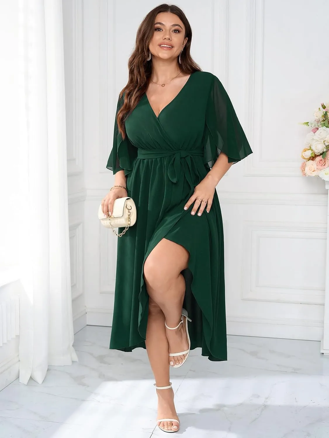 Womens Plus Size Wedding Guest Cocktail Dress Wrap V Neck Flutter Sleeve High Low Hem A-Line Midi Dresses