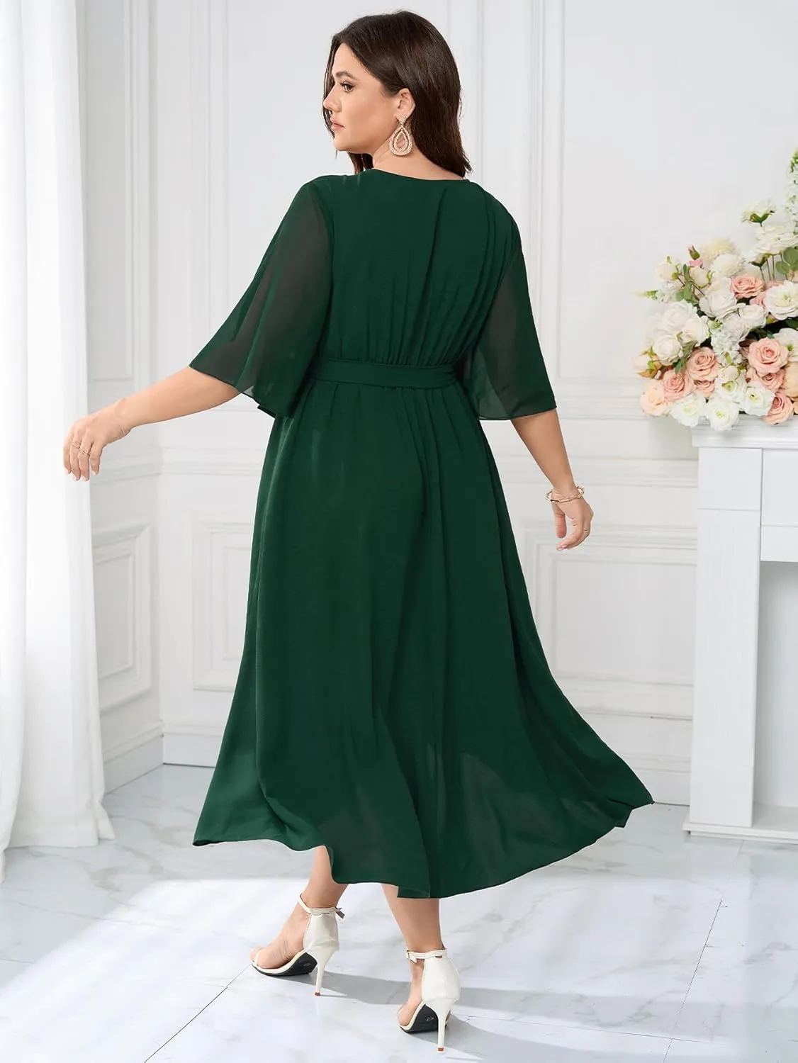 Womens Plus Size Wedding Guest Cocktail Dress Wrap V Neck Flutter Sleeve High Low Hem A-Line Midi Dresses