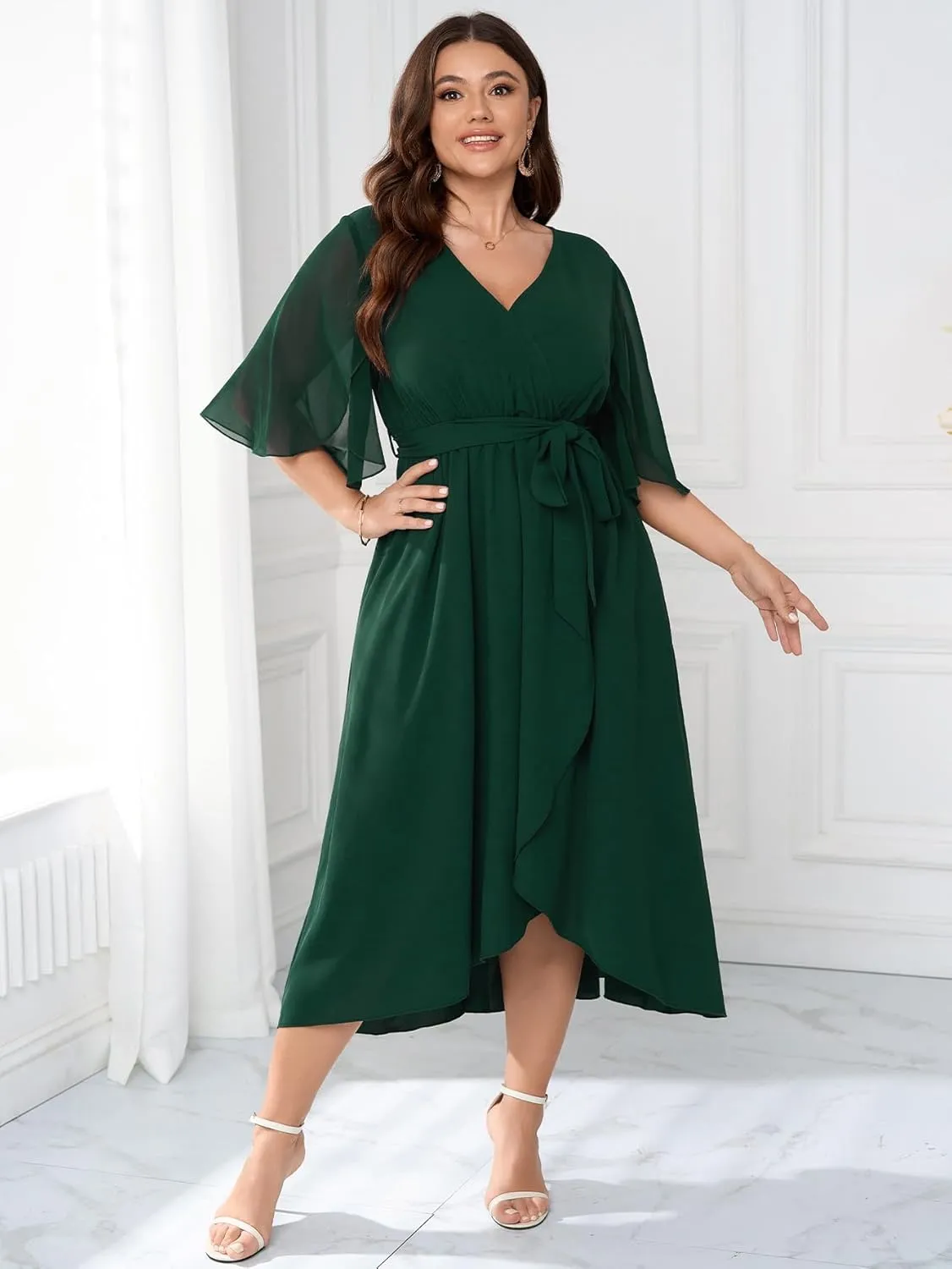 Womens Plus Size Wedding Guest Cocktail Dress Wrap V Neck Flutter Sleeve High Low Hem A-Line Midi Dresses