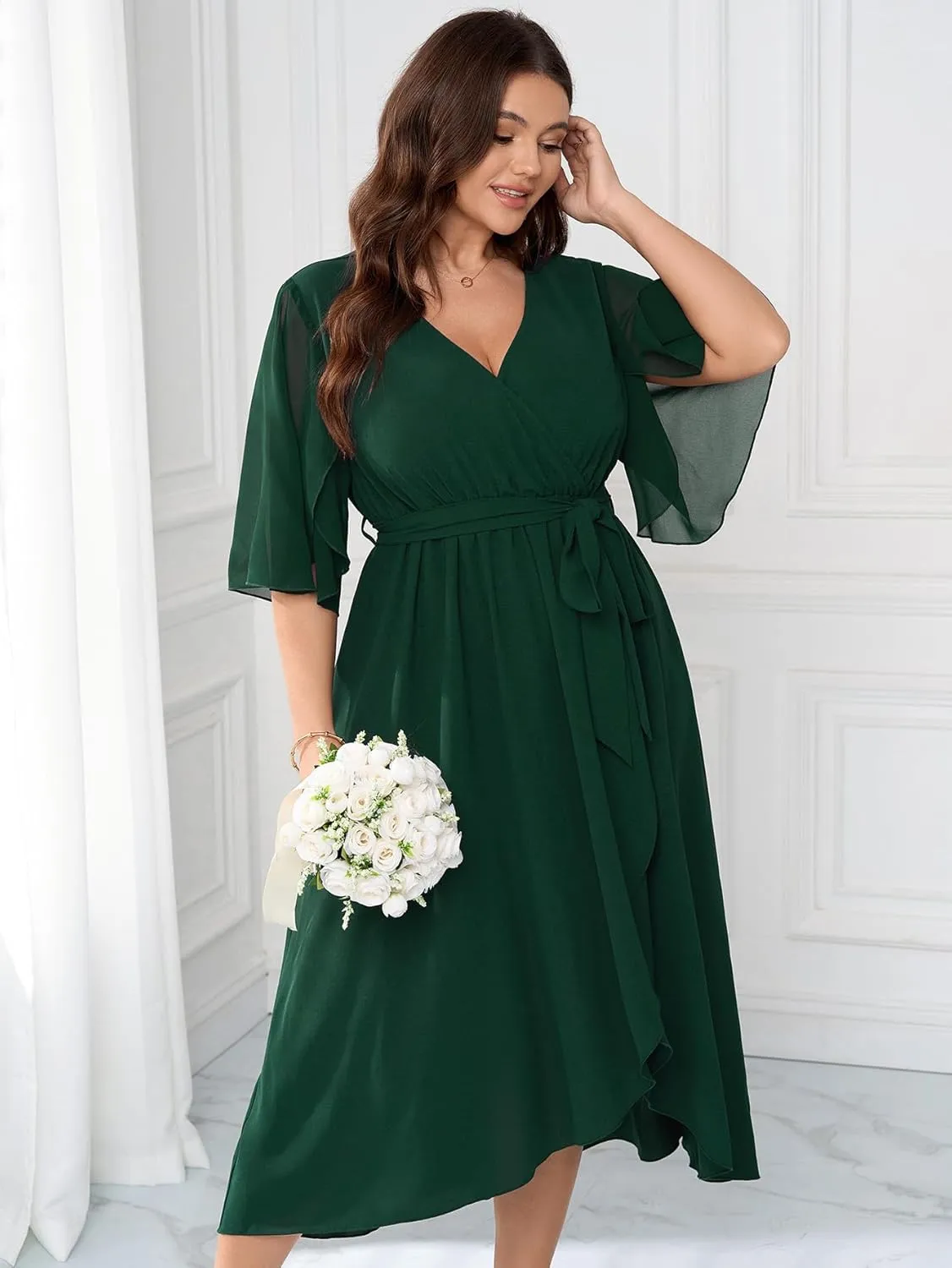 Womens Plus Size Wedding Guest Cocktail Dress Wrap V Neck Flutter Sleeve High Low Hem A-Line Midi Dresses