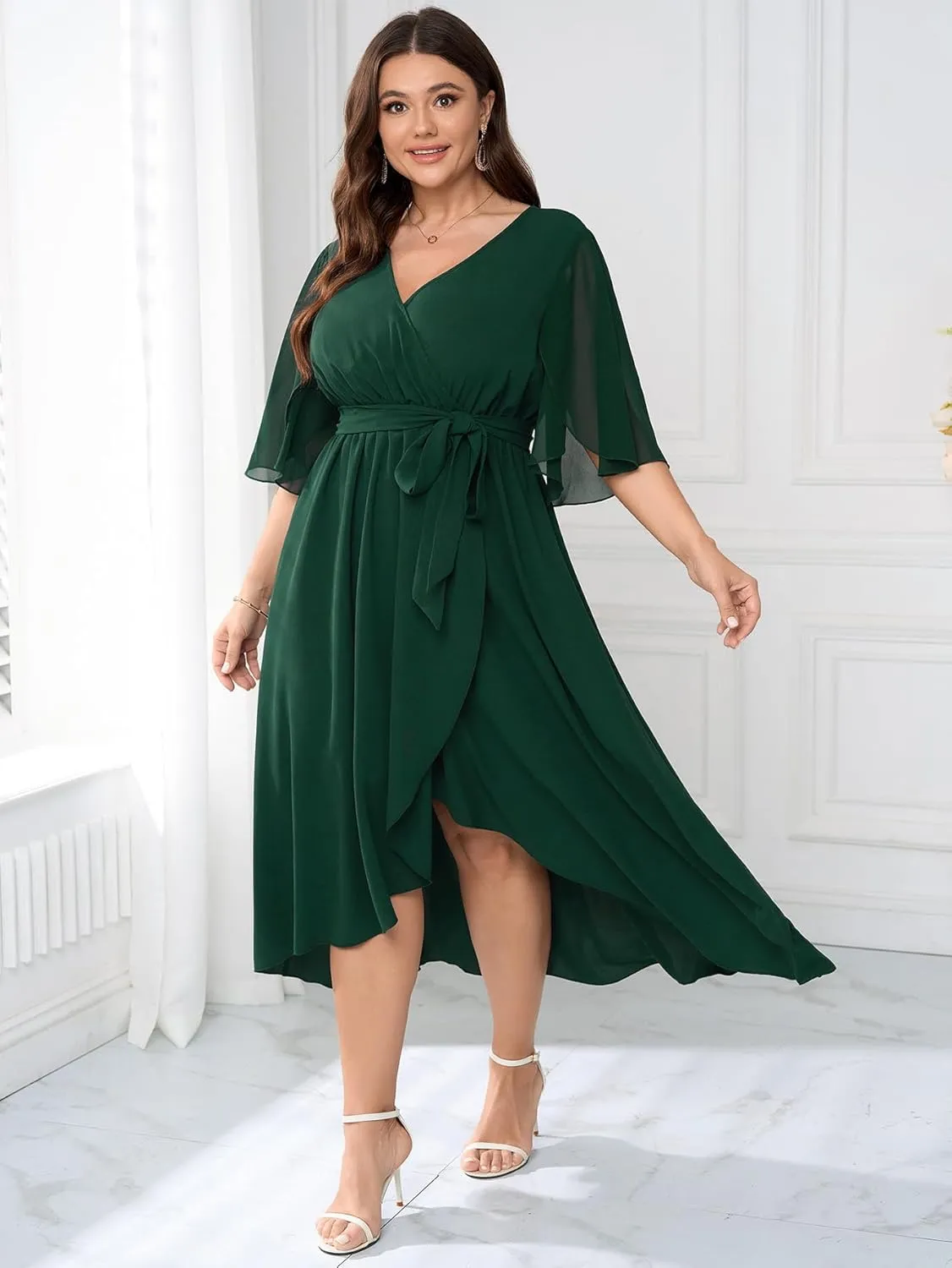Womens Plus Size Wedding Guest Cocktail Dress Wrap V Neck Flutter Sleeve High Low Hem A-Line Midi Dresses