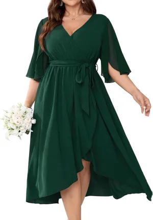 Womens Plus Size Wedding Guest Cocktail Dress Wrap V Neck Flutter Sleeve High Low Hem A-Line Midi Dresses