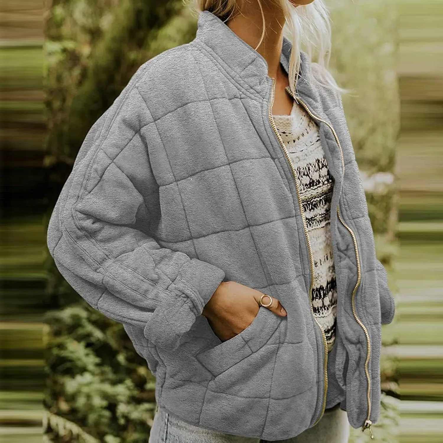 Women's Quilted Puffer Jacket Zip Up Oversized Lightweight Stand Collar Padded Down Coat Winter Loose Warm Outerwear