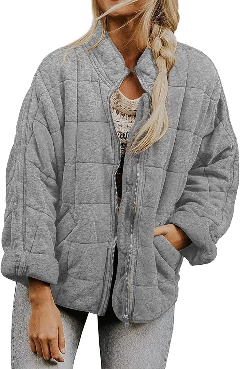 Women's Quilted Puffer Jacket Zip Up Oversized Lightweight Stand Collar Padded Down Coat Winter Loose Warm Outerwear